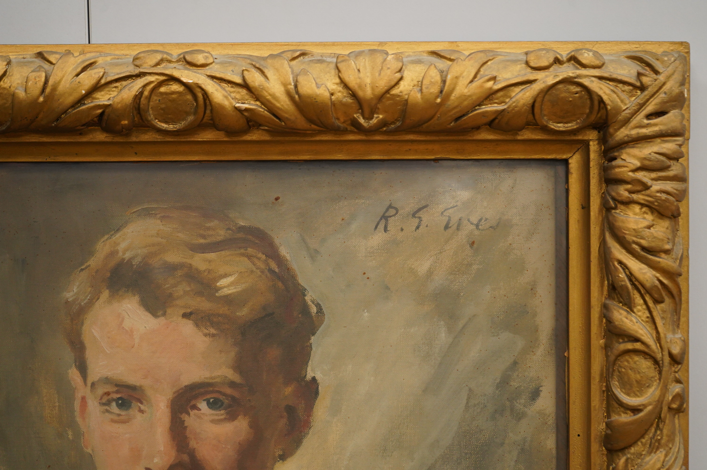 R. G Eves (1876-1941) Half length portrait of a young gentleman, signed upper right James Bourlet & Sons label verso, oil on canvas, 59 x 48cm